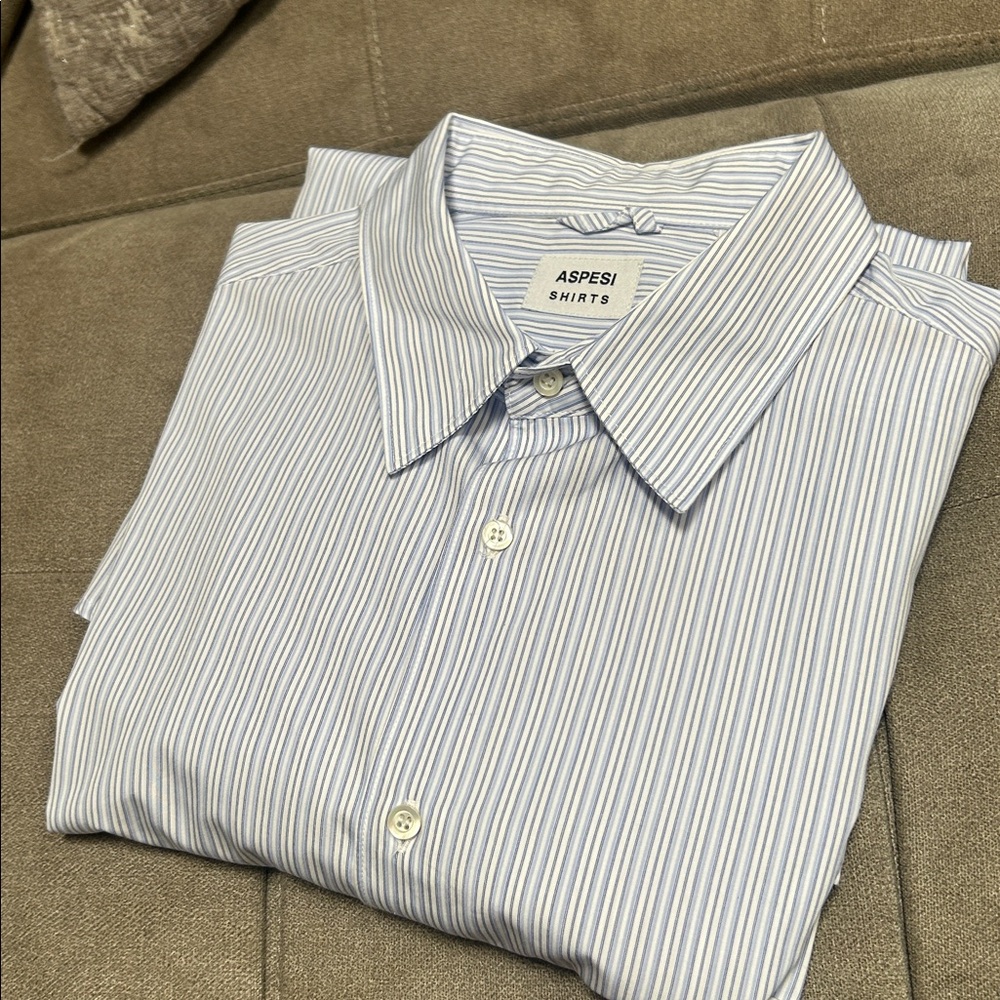 Aspesi Men's White and Blue Striped Cotton Dress Shirt Sz 41/16